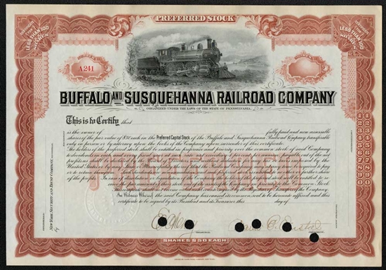 Buffalo and Susquehanna Railroad Co Stock Certificate