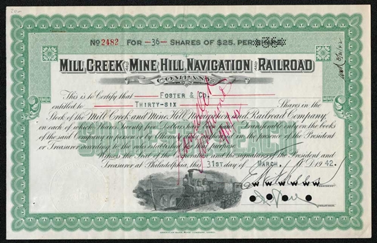 Mill Creek and Mine Hill Navigation and Railroad Stock Certificate