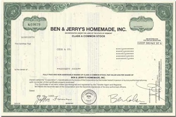 Ben & Jerry's Homemade, Inc Ice Cream Stock Certificate