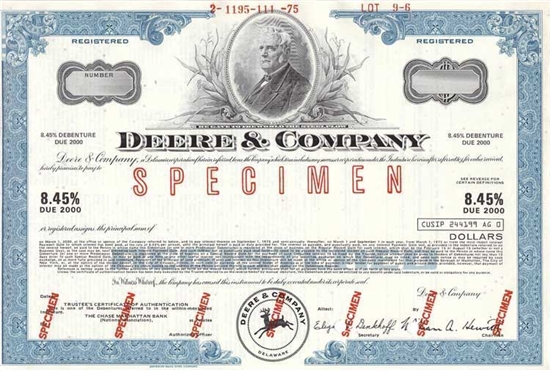 John Deere Bond Certificate - Specimen 1975