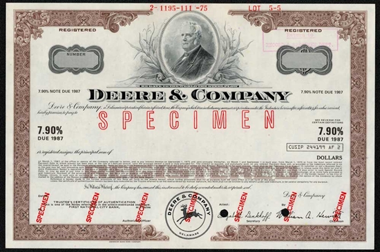 John Deere Bond Certificate - Specimen 1975