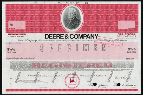 John Deere Bond Certificate - Specimen 1986