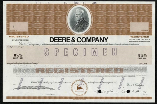 John Deere Specimen Note Certificate