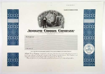 Adolph Coors Company Specimen Stock Certificate - 1930s