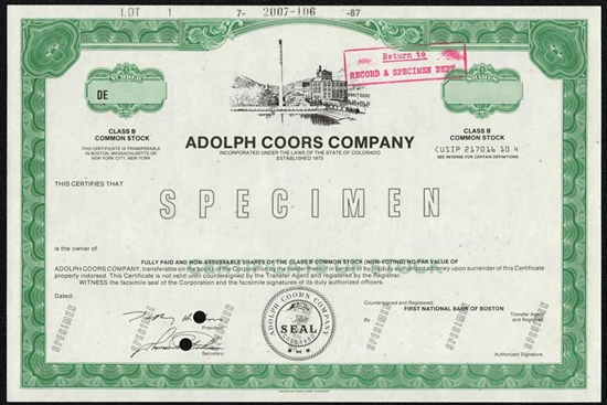 Adolph Coors Company Specimen Stock Certificate