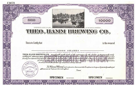 Theo Hamm Brewing Co. Specimen Stock Certificate
