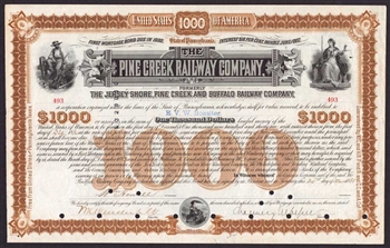 Pine Creek Railway Co Bond Signed by W.K. Vanderbilt & Chauncey Depew - 1885
