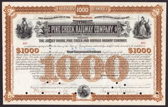 Pine Creek Railway Co Bond Signed by W.K. Vanderbilt & Chauncey Depew - 1885