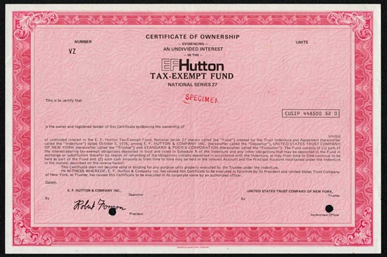 E.F. Hutton Corporate Tax Exempt Fund Specimen Certificate