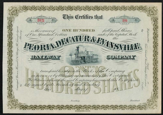 Peoria, Decatur and Evansville Railway Co Stock Certificate - 1880s