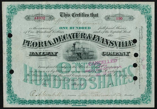 Peoria, Decatur and Evansville Railway Company Stock Certificate