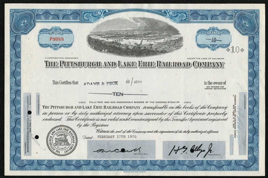 Pittsburgh and Lake Erie Railroad Company Stock Certificate