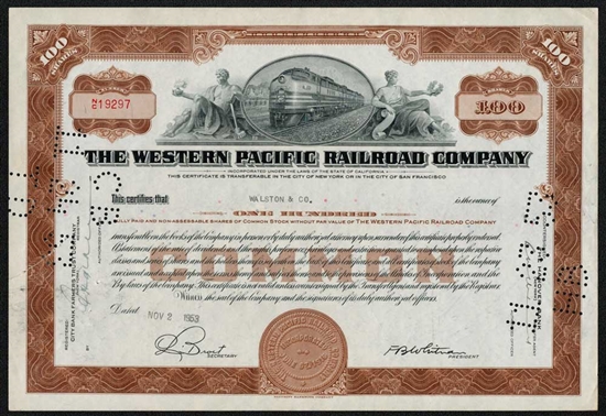 Western Pacific Railroad Company Stock Certificate