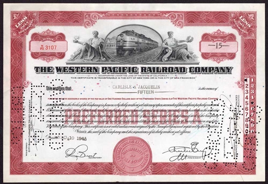 Western Pacific Railroad Company Stock Certificate