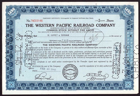Western Pacific Railroad Company Stock Certificate
