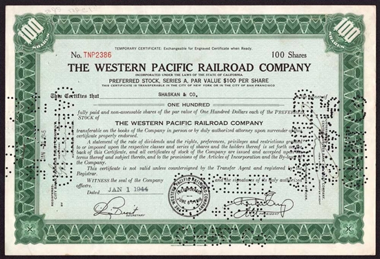 Western Pacific Railroad Company Stock Certificate