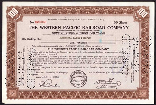 Western Pacific Railroad Company Stock Certificate