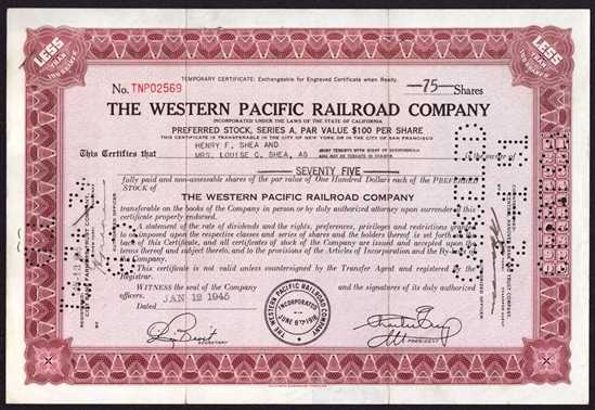 Western Pacific Railroad Company Stock Certificate