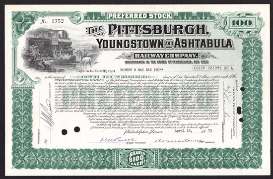 Pittsburgh, Youngstown & Ashtabula Railroad Stock Certificate