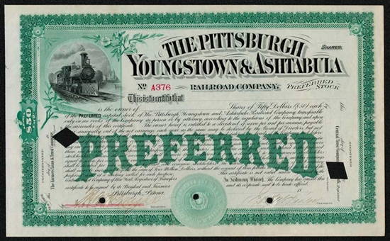 Pittsburgh, Youngstown & Ashtabula Railroad Stock Certificate