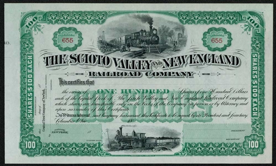 Scioto Valley and New England Railroad Stock Certificate