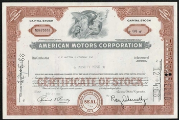 American Motors Corp Stock Certificate - Issued EF Hutton
