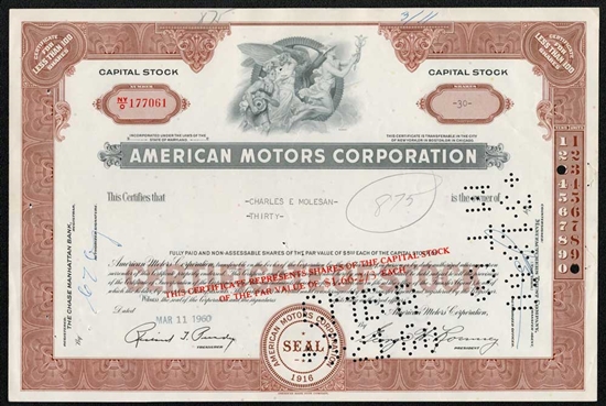 American Motors Corp Stock Certificate - George Romney as President