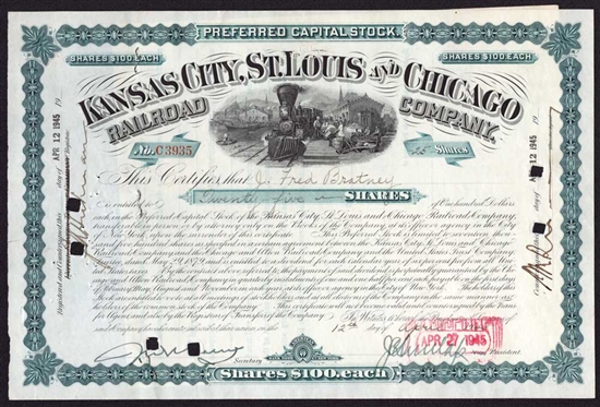 Kansas City, St. Louis and Chicago Railroad Stock Certificate - 1945