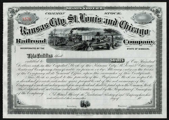 Kansas City, St. Louis and Chicago Railroad Stock Certificate - 1800s
