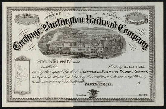 Carthage and Burlington Railroad Stock Certificate - 1800s