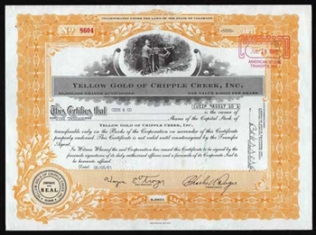 Yellow Gold of Cripple Creek Stock Certificate