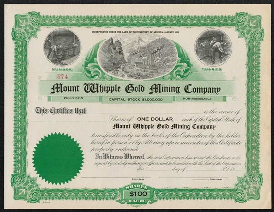 Mount Whipple Gold Mining Certificate - Territory of Arizona