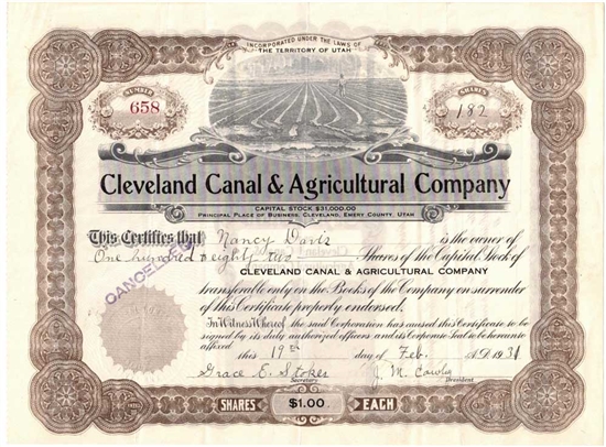 Cleveland Canal & Agricultural Co. Certificate - Territory of Utah
