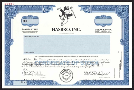 Hasbro, Inc. Stock Certificate - Specimen