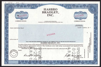 Hasbro Bradley, Inc. Stock Certificate - Specimen
