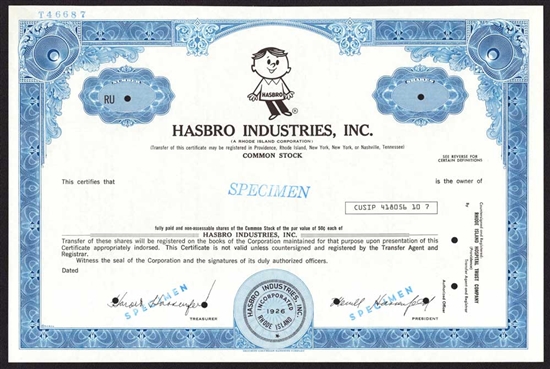 Hasbro, Inc. Stock Certificate - Specimen