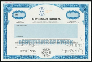 XM Satellite Radio. Specimen Stock Certificate - 1999