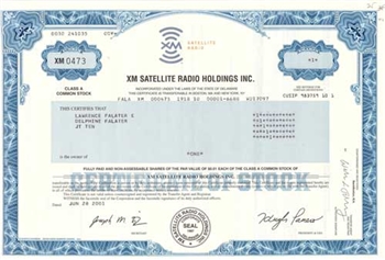 XM Satellite Radio. Stock Certificate