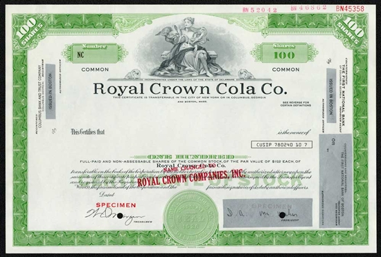 Royal Crown Cola Specimen Stock Certificate