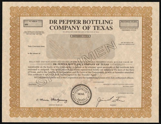 Dr Pepper Stock Certificate - Specimen