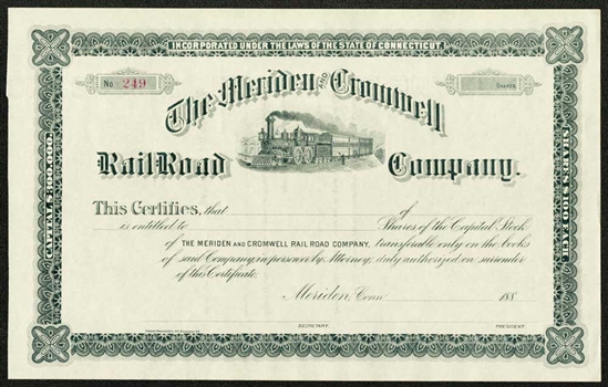 The Meriden and Cromwell Rail Road Company Stock Certificate - 1880s