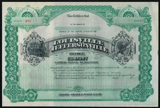 The Louisville Jeffersonville  Bridge Company Stock Certificate 1800s