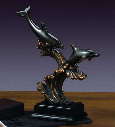 15" Waves and Dolphin Statue - Sculpture