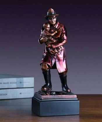 Firefighter with Child Statue - Bronzed Fireman and Child Figurine