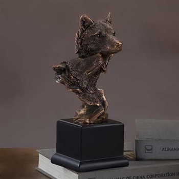 10" Bronzed Double Wolf Head Statue - Wolf Figurine
