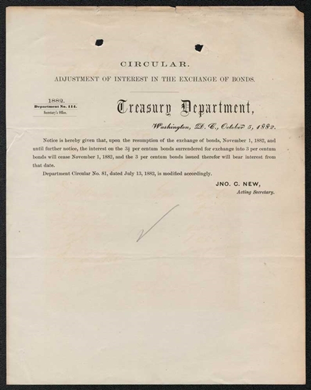 1882 U.S. Treasury Circular - Adjustment of Interest in Bonds