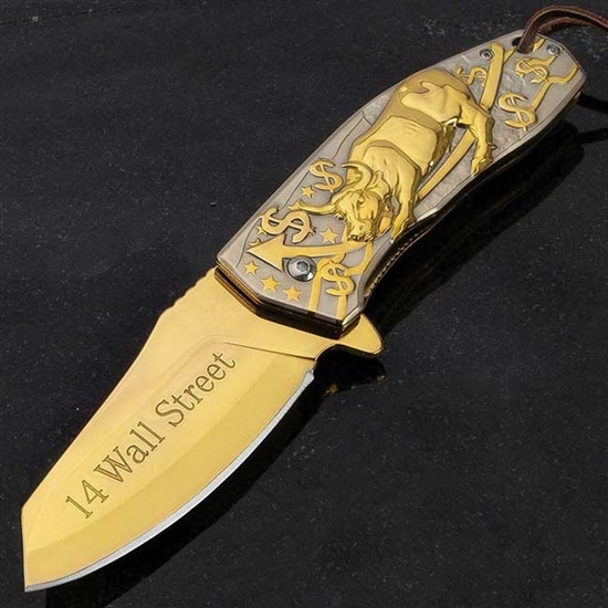 Gold Stock Market Bull Spring Assisted Knife