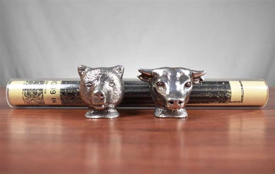 Vintage Pewter Bull & Bear Stock Certificate Holder