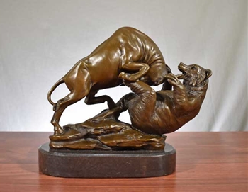 Bronze Fighting Bull and Bear Sculpture on Marble