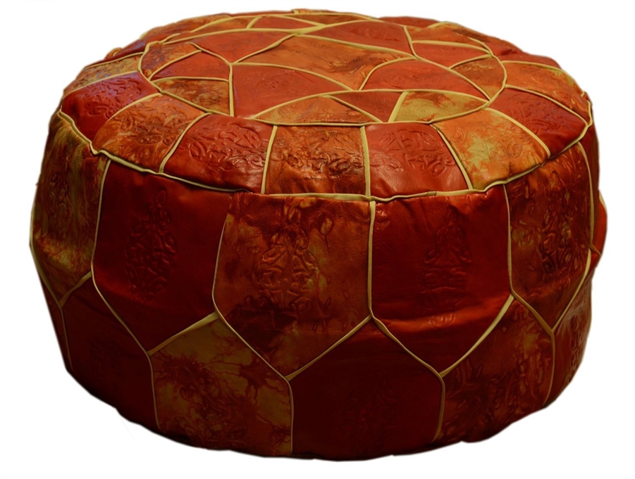 Egyptian Morrocan Handmade Genuine Leather Ottoman Pouf Xl (Red patched &  Orange)